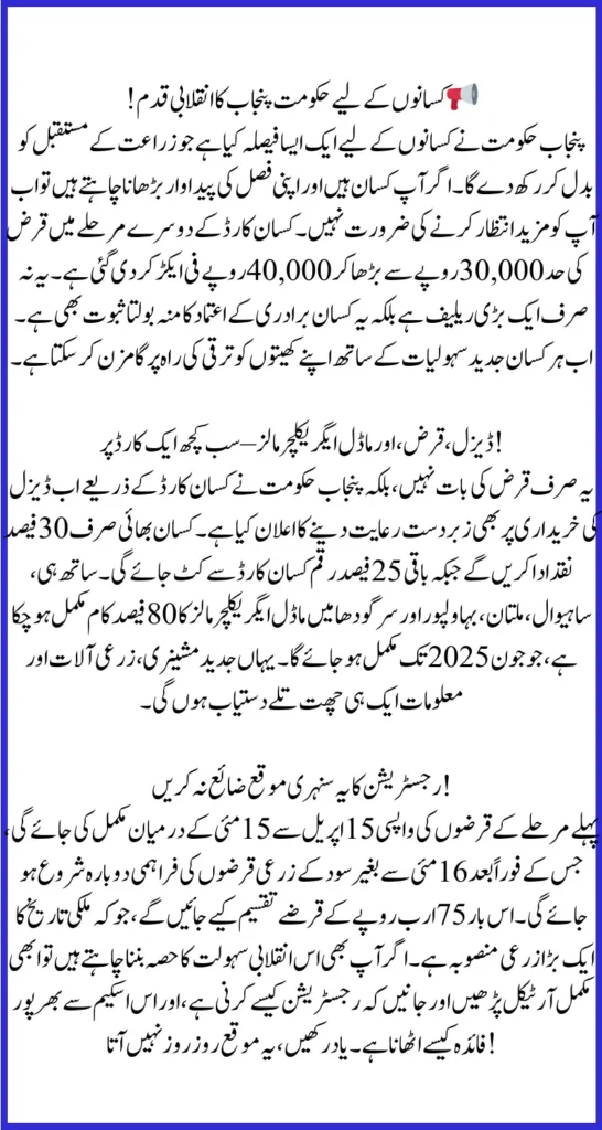 Punjab Kisan Card Phase 2nd Increase Farmer Loan to Rs. 40,000 Per Acre, Allocating Rs. 75 Billion for Kharif Season