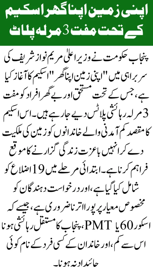 Get a Free 3 Marla Plot Through CM Punjab Apni Zameen Apna Ghar Program